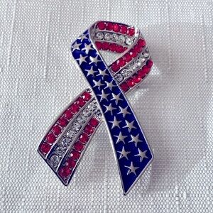 Red, White and Blue Silver Tone  Rhinestone Brooch